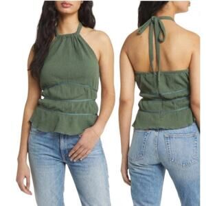 TOPSHOP Green Crinkle Halter Neck‎ Peplum Tank Top US Size 10